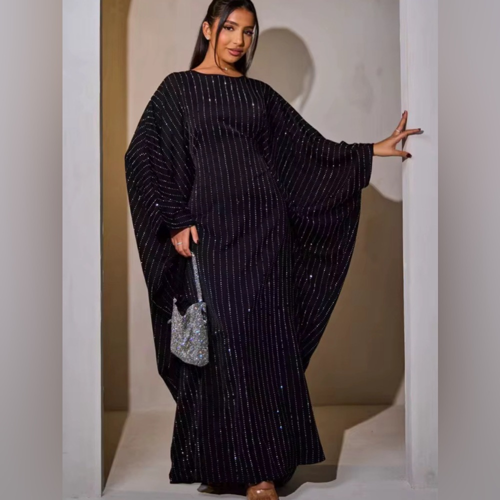 Chic Black Long Sleeve Dress with Silver Accents islamic abaya